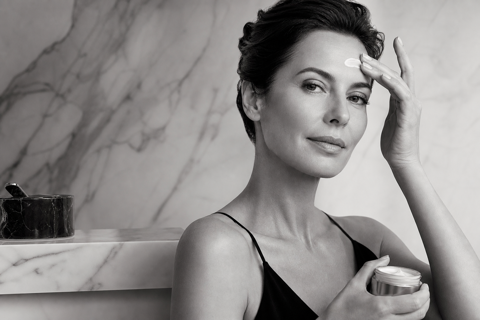 Elegancka kobieta aplikująca COCO Serum Krem na czoło